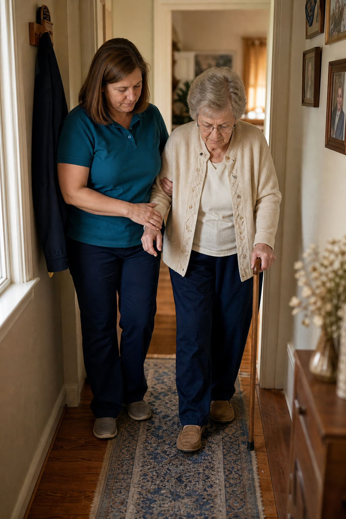 A caregiver steadying an older woman's arm as she walks through her own hallway.