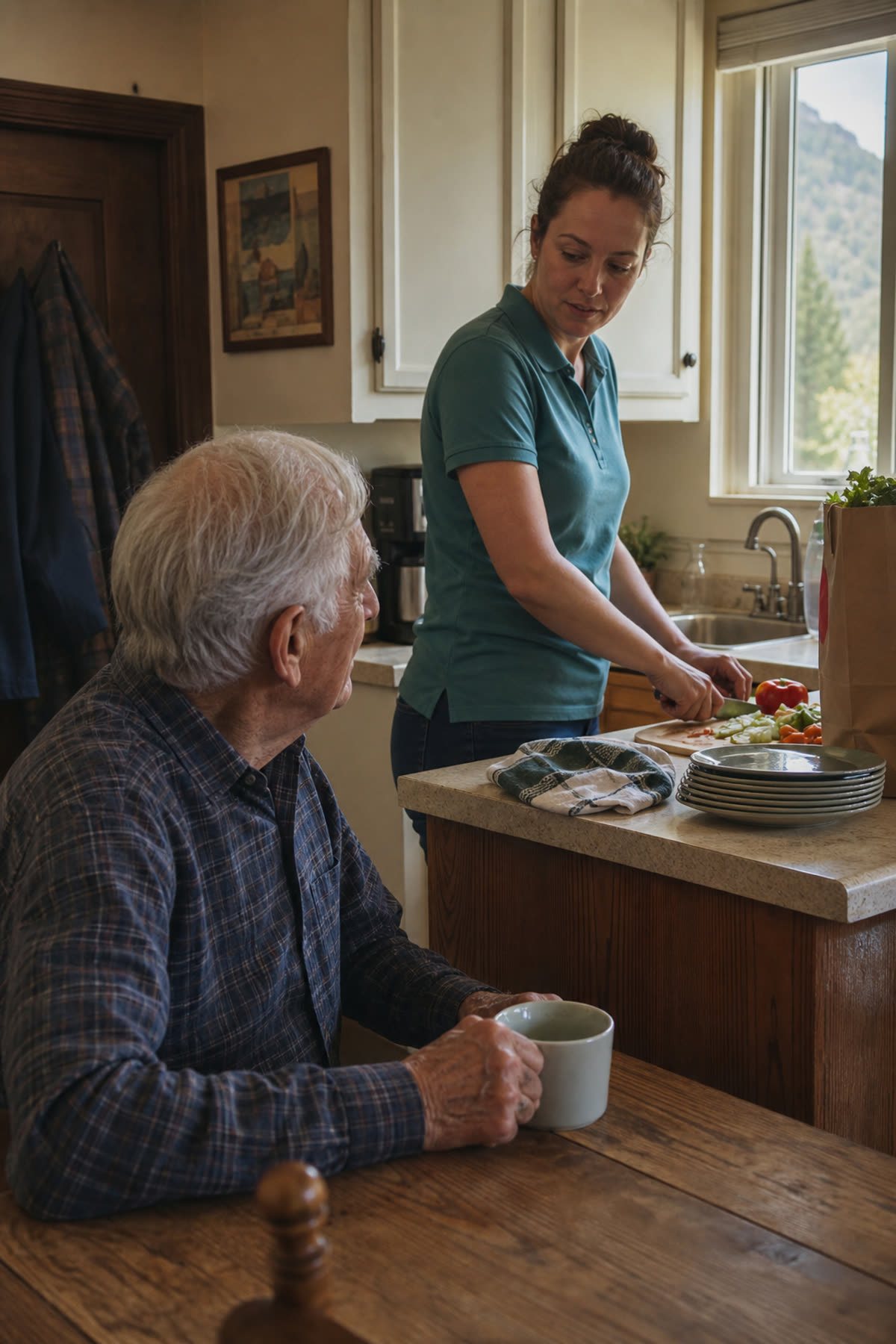 A caregiver preparing a meal in a client's kitchen while the client sits nearby at the table.