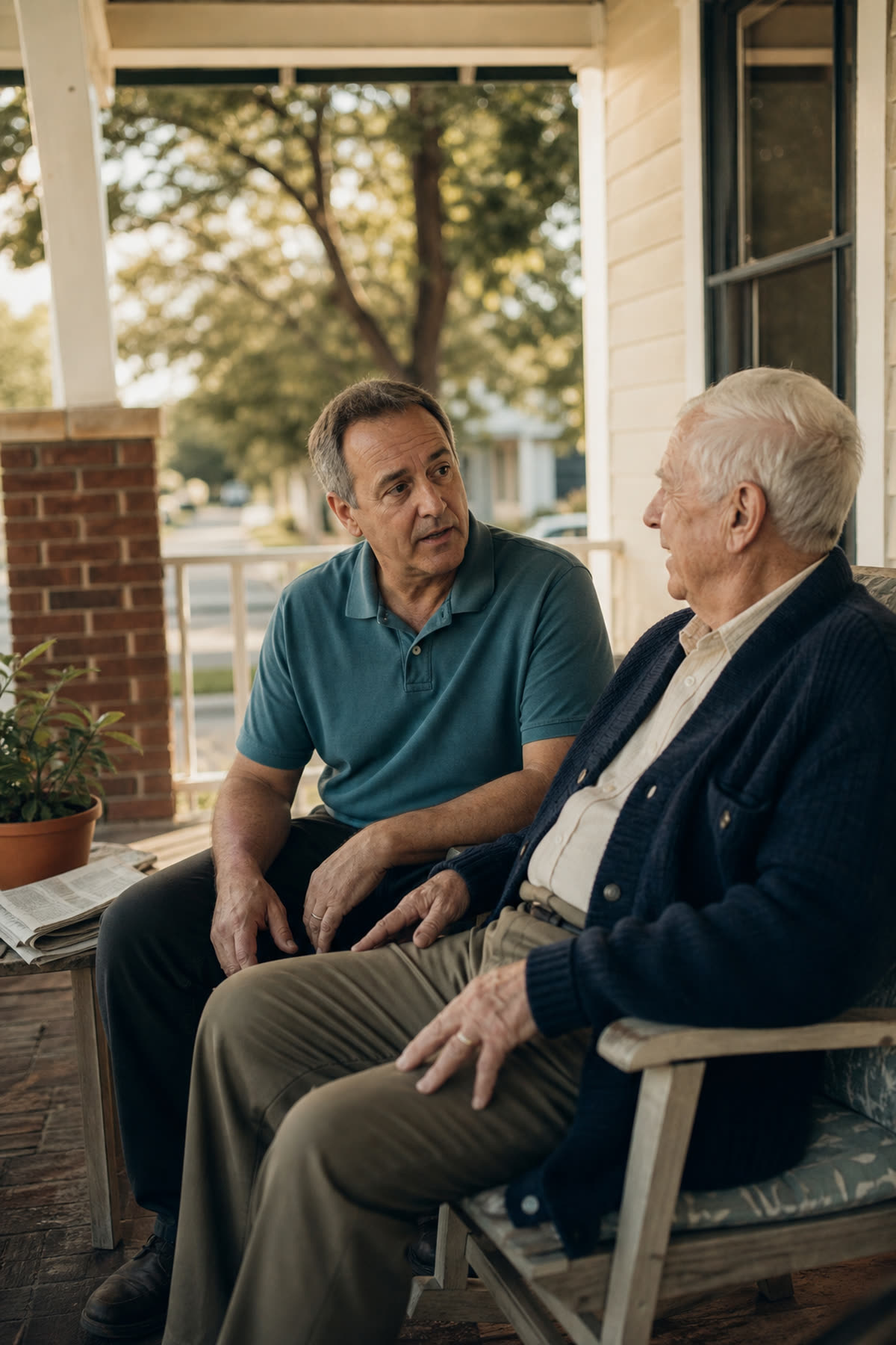 A caregiver and an older man talking together on a front porch in the afternoon.